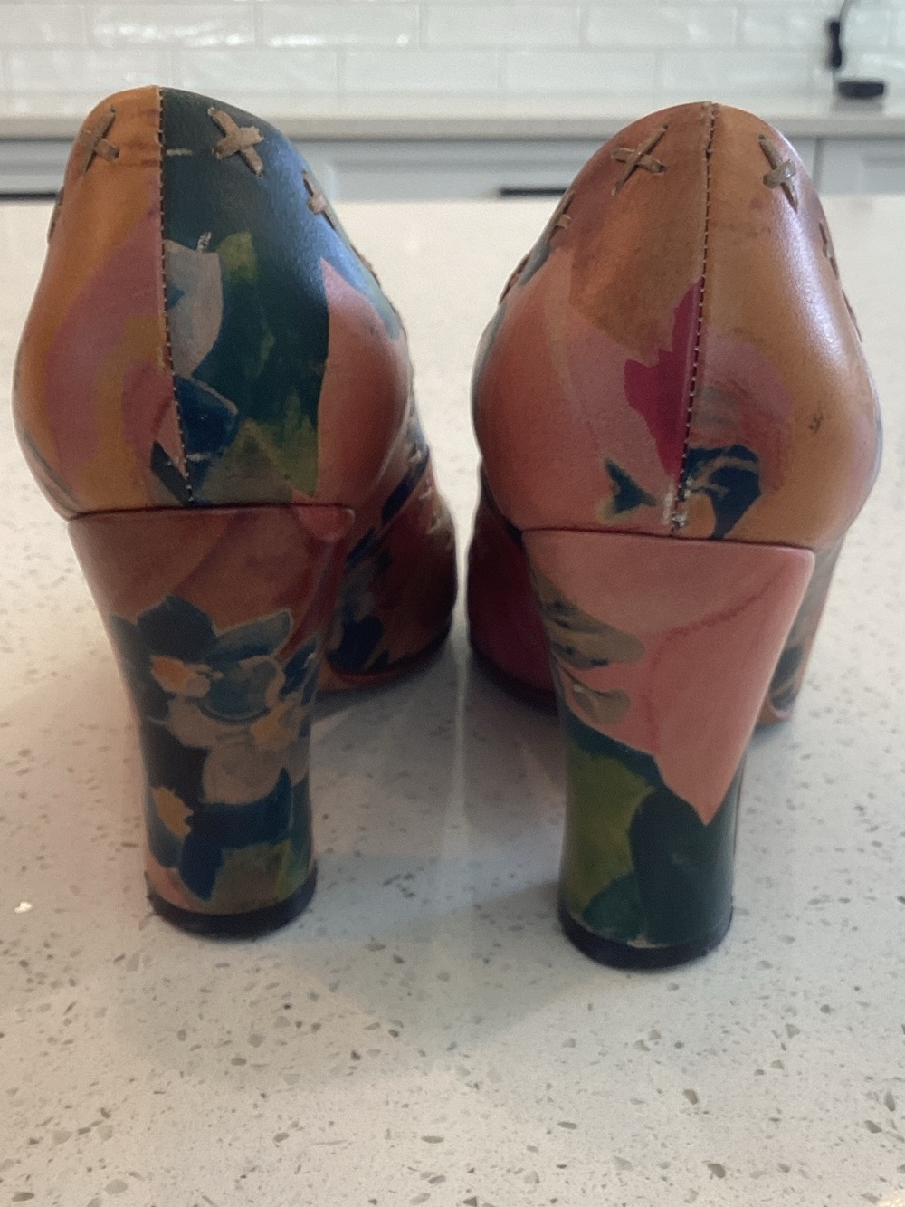 John Fluevog Pink Multicolor Watercolor Round-Toe Pumps - Picture 3 of 5